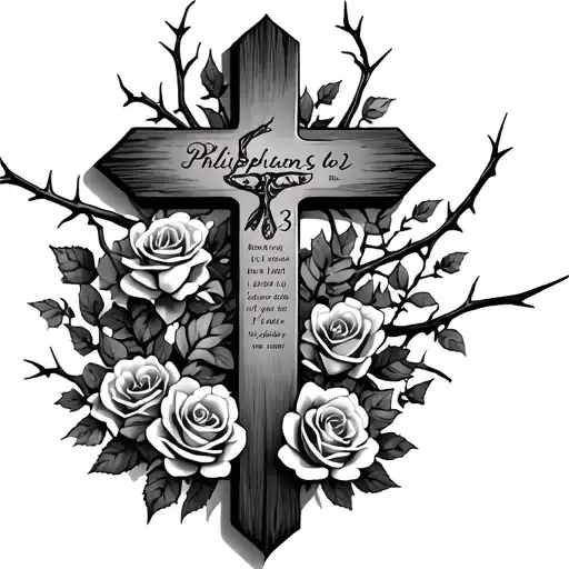 cross with thorns roses and vines with bible verse Philippians 4:13 tattoo design idea