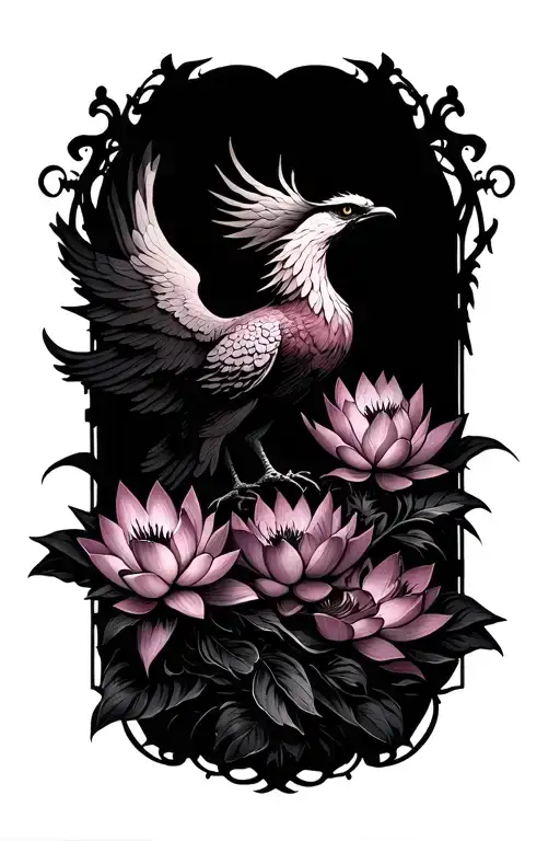 phoenix rising with lotus flowers intertwined tattoo design idea