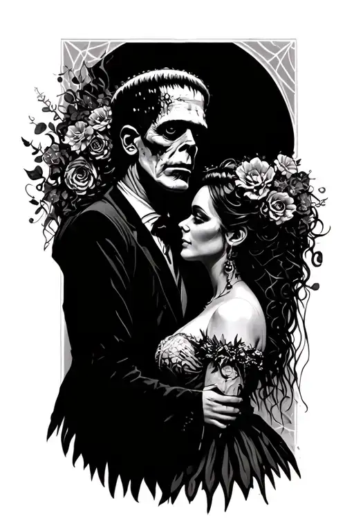 Frankenstein and his bride with her crazy hair and  flowers and spiderwebs tattoo design idea
