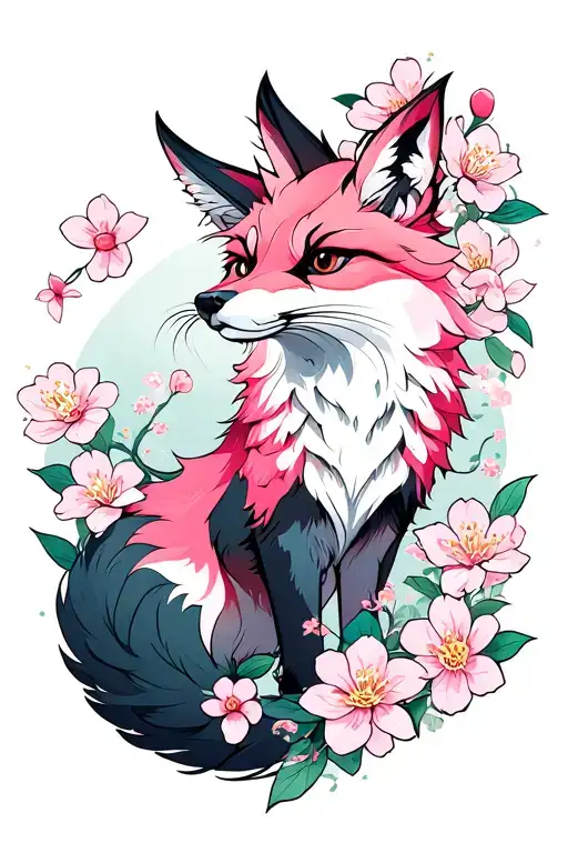 pink nine tailed fox with cherry blossom flowers surrounding tattoo design idea