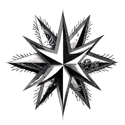Create a 5-point star, each point representing a deep part of my identity, with a bold and symbolic style.Top Point (N tattoo design idea