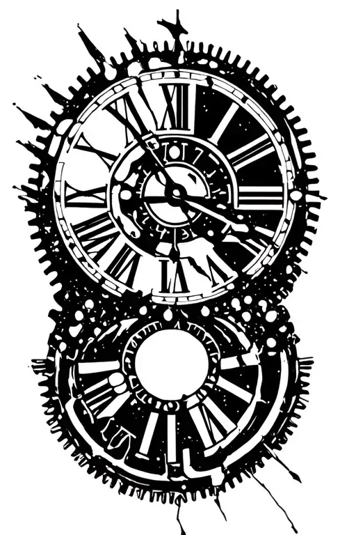 broken clock face, Roman numeral, cog tattoo design idea