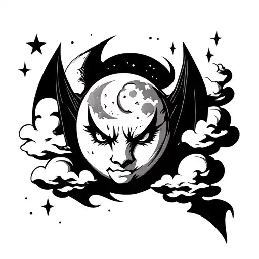 black work traditional bat head with moon and stars and clouds to fit on a forearm tattoo design idea