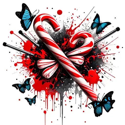 candy canes and butterflies and barbells tattoo design idea