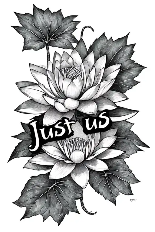 Isis goddess and a Water lily flower saying "Just us" in egyptian tattoo design idea