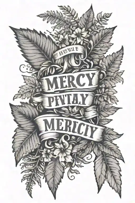 quote "my mercy prevails over my wrath" with ferns and leaves around it. fine line tattoo. tattoo design idea