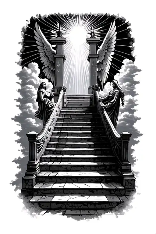 stairway to heaven walking up stairs angels sun rays clouds heaven gate at the top of the stairs  tattoo design idea