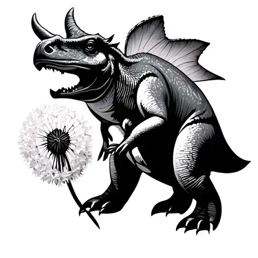 A triceratops holding a penguin in a dandelion silhouette tattoo design idea