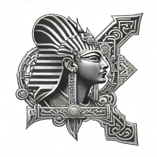 A black and grey portrait of the client's name written in Egyptian hieroglyphics with mechanical elements intertwined tattoo design idea