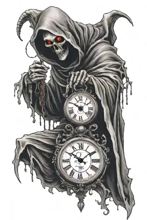 Large Hooded grim reaper full body black with only red eyes showing (spooky) holding a dangling pocket watch in one bony tattoo design idea