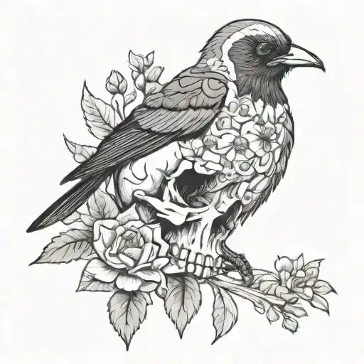skull of a magpie bird with Australia flora black and grey, simple fine line  tattoo design idea