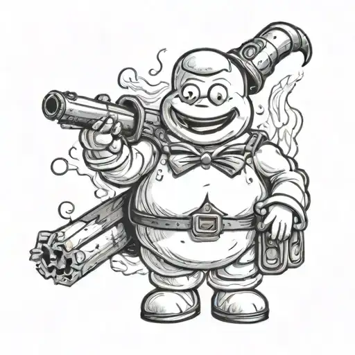 marshmallow man holding blunt with small legs tattoo design idea
