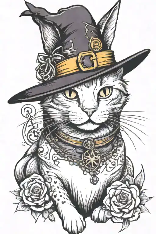 halloween themed cat wearing witch hat surrounded tattoo design idea