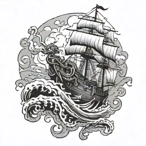 evil kraken attackong ship sailing through stormy tattoo design idea