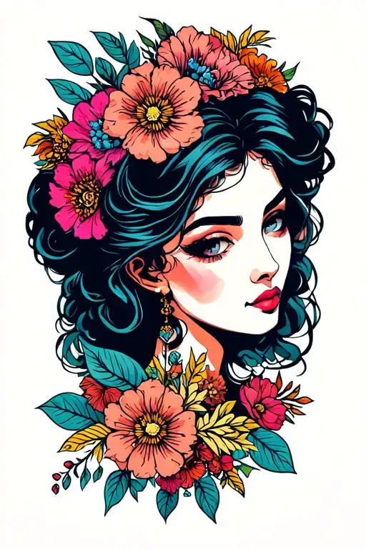 floral lady head tattoo design idea