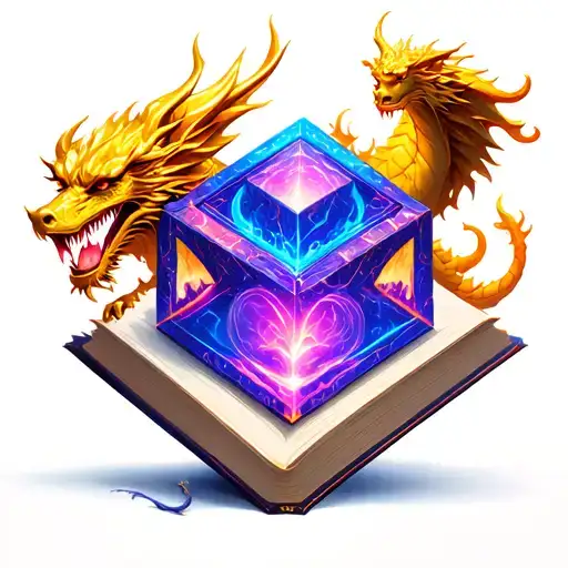 blue-purple tesseract with a golden dragon and a book tattoo design idea