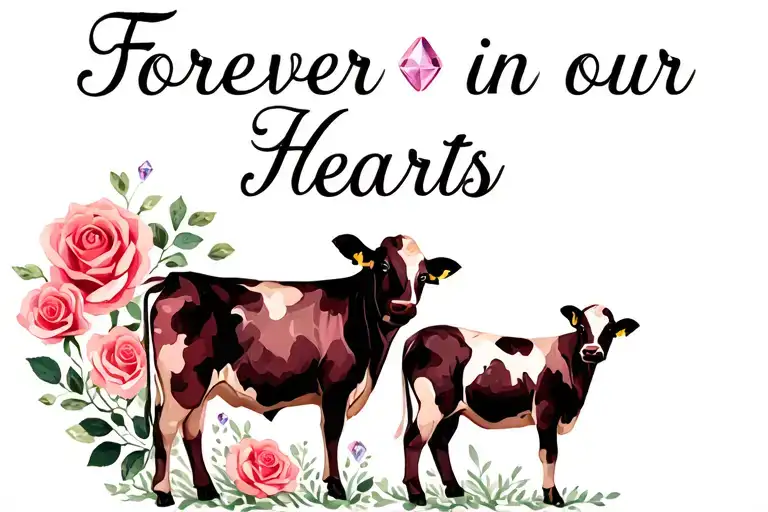 "Forever in our Hearts " "" Roses, diamonds,cow, and baby cow  tattoo design idea