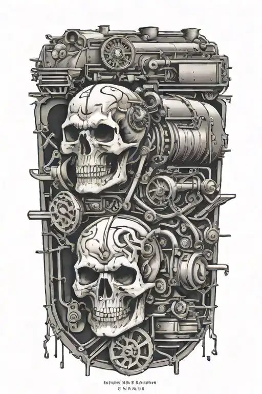 evil train tracks with skulls and engine camshafts harley davidson style tattoo design idea