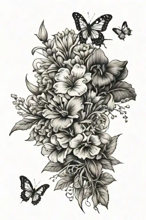 Fine line flower bouquet including daisys, primroses, iris, violets and sweet peas.With two butterflies flying around it tattoo design idea