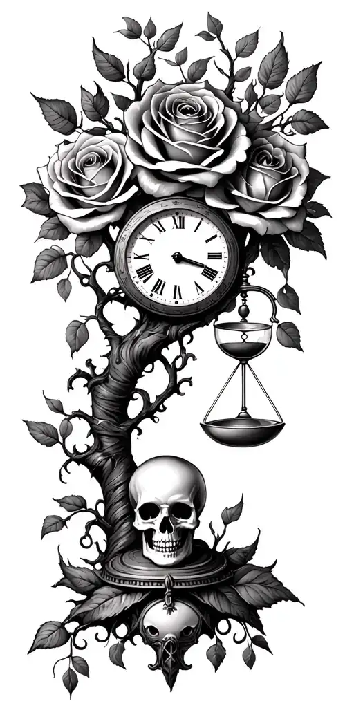 family tree, rose intertwined, evil eye, skull, scales, truth, pocket watch, hour glass tattoo design idea