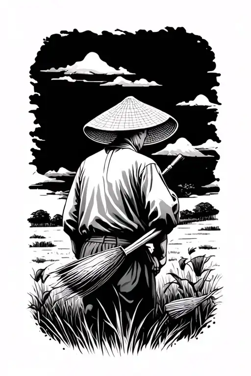 old Chinese farmer working in field facing away tattoo design idea