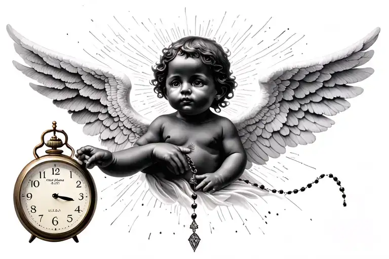Black Baby Angel With Wings And A Clock Showing The Time 00:40 And A Hand Holding A Rosary Tattoo tattoo design idea