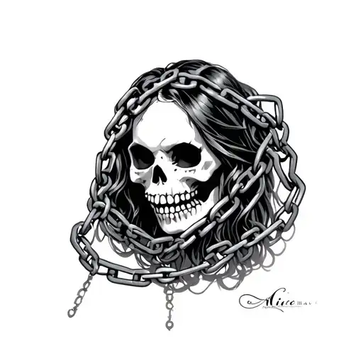 alice in wanderland with skull face wrapped in chains tattoo design idea