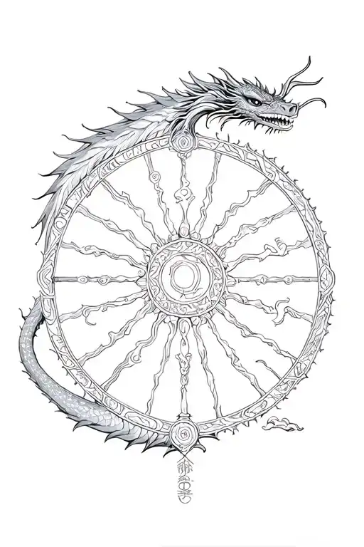 Wheel of Dharma inside ourboros dragon tattoo design idea