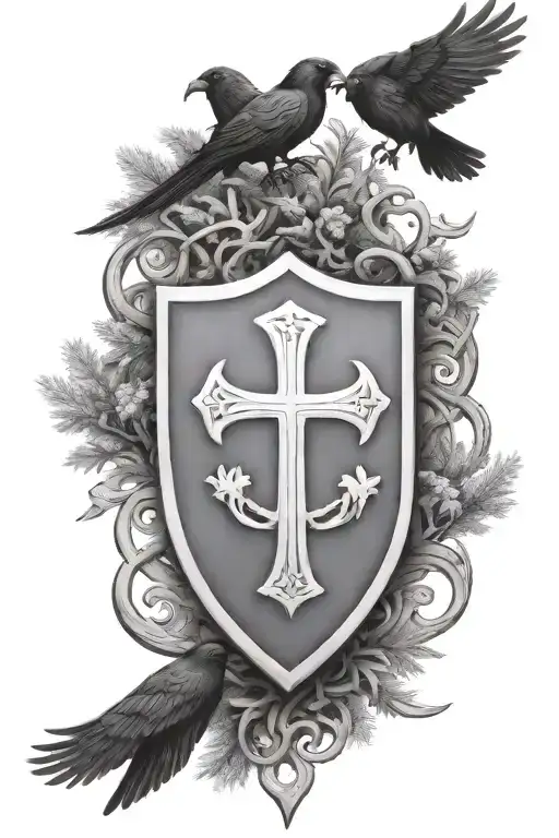 Rooker Family Crest with a celtic cross in a circle as a shield surrounded by cedar trees with  6 Crows tattoo design idea