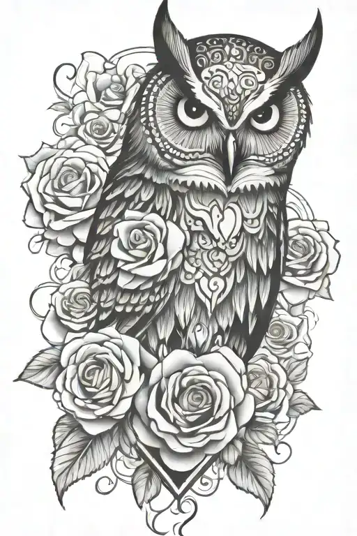 Owl with sugar skull, roses, a heart that has the initials JDC inside the heart tattoo design idea