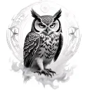 Hyper-realistic ancient owl with glowing eyes, in swirling fog and celestial symbols, representing Athena’s guardian tattoo design idea