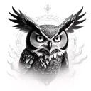 Hyper-realistic ancient owl with glowing eyes, in swirling fog and celestial symbols, representing Athena’s guardian tattoo design idea