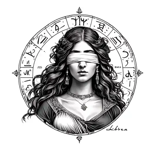 Create a highly detailed black and white illustration of the zodiac sign Libra, depicting a woman with a blindfold cover tattoo design idea