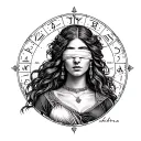 Create a highly detailed black and white illustration of the zodiac sign Libra, depicting a woman with a blindfold cover tattoo design idea