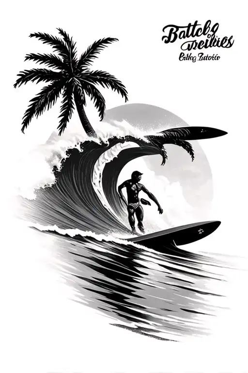 palm tree and surfer riding a wave tattoo design idea