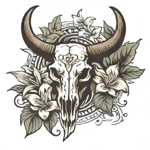 long horn bull skull with lily flowers blooming out of the skull tattoo design idea