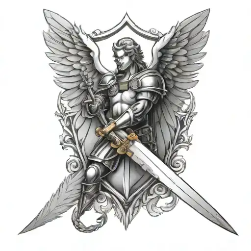 christian saint raphael with wings sword shield in a diagonal position  tattoo design idea