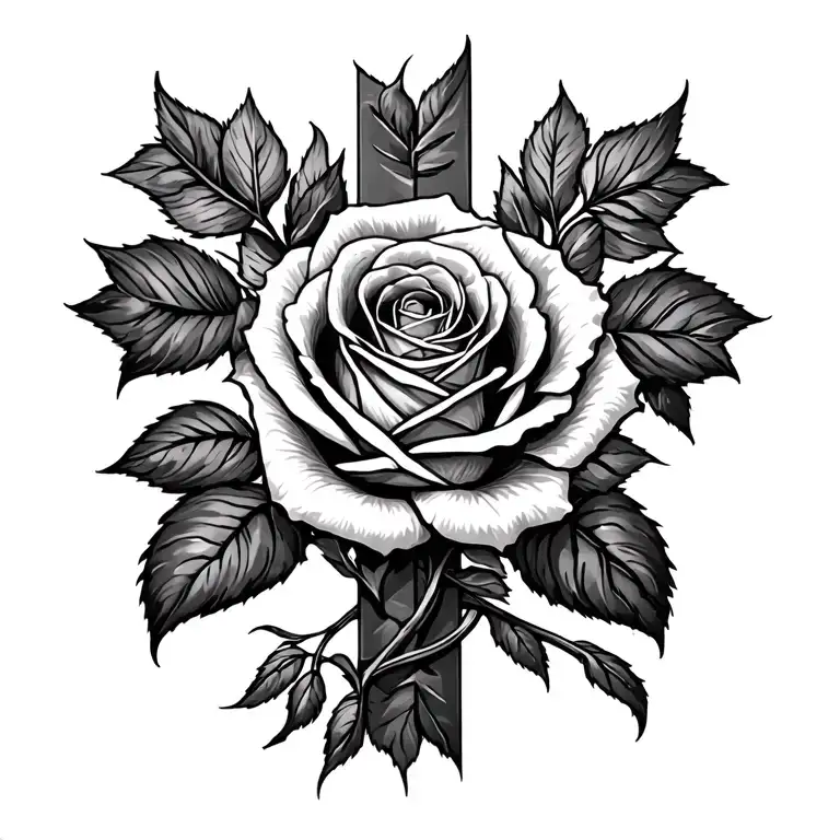 cross and rose with dates incorporated tattoo design idea