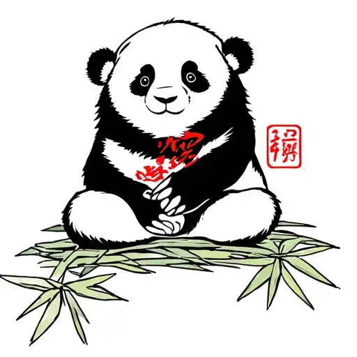small stylized panda in meditating style with "宁静" written on a bamboo leaf tattoo design idea