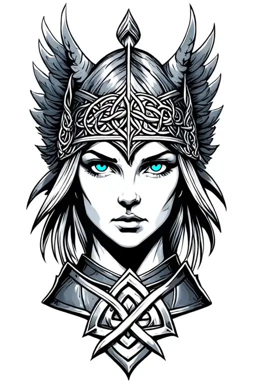 Valkyrie with blue eyes on armor tattoo design featuring Celtic trinity knot  tattoo design idea