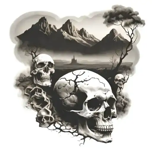 skull foreground, burnt landscape into smoke covered mountains tattoo design idea