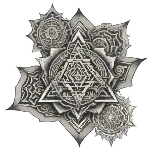 sri yantra, trishul om and vedas tattoo design idea