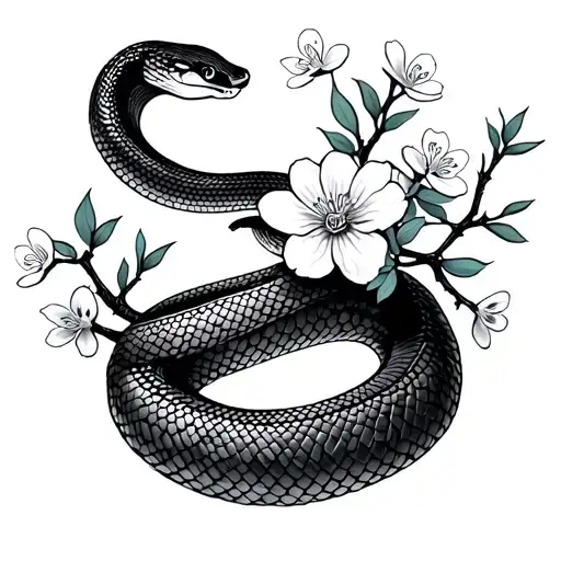 Cherry blossom tree, with forget-me-nots in it and a snake wrapped around it as the branch tattoo design idea