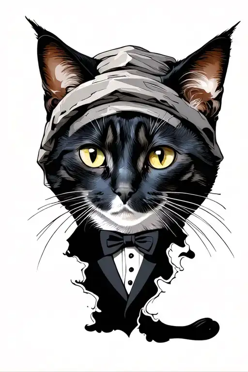 Stone portal tattoo with a tuxedo cat peeking through from the bottom, only showing it's ears and eyes.  tattoo design idea