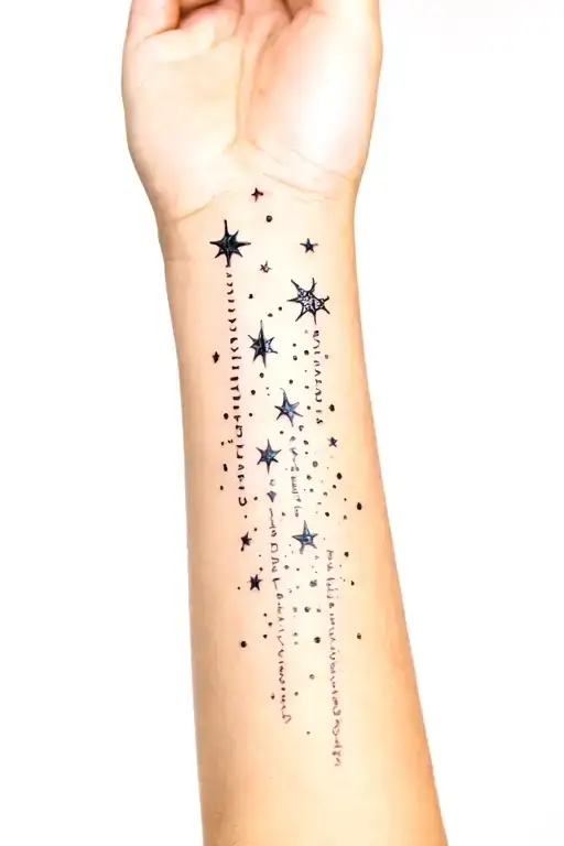 Women's arm tattoo in connection with the sea, marine animals, stars, and words tattoo design idea