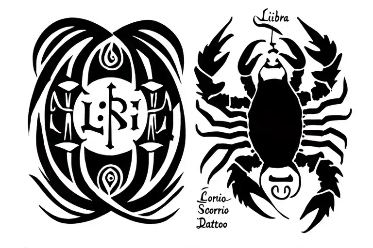 Libra and Scorpio sign with date and phrase written tattoo design idea