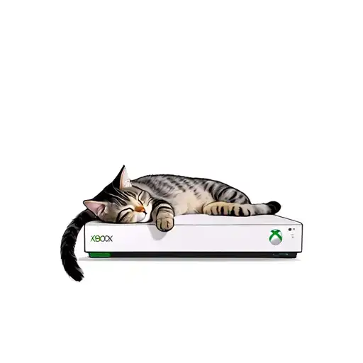 grey tabby cat sleeping on an Xbox series s with pops of colour tattoo design idea