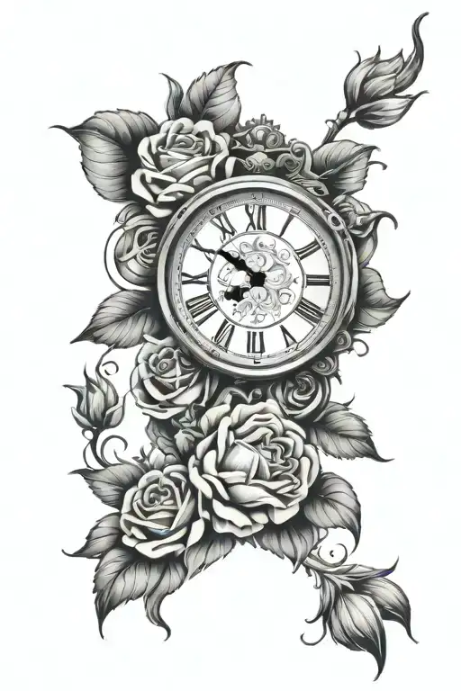 clock roses and lion tattoo design idea