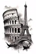 full Leg sleeve tattoo with eiffel tower, colosseum, gondola, Disney castle and hollywood realistic style, focus on shad tattoo design idea