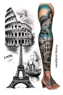 full Leg sleeve tattoo with eiffel tower, colosseum, gondola, Disney castle and hollywood realistic style, focus on shad tattoo design idea